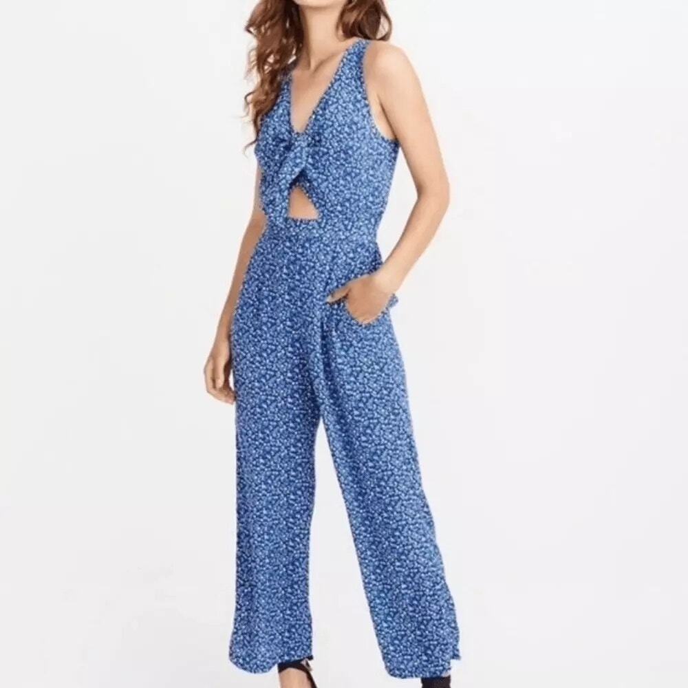 Abercrombie & Fitch Jumpsuit Floral Tie Front Keyhole Sleeveless Blue Size L